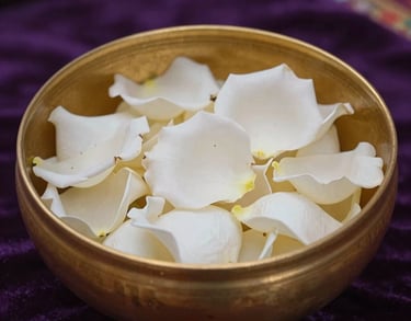 A close-up photograph of a polished gold bowl filled with fresh white rose petals, set on a dark purple velvet cloth in a South American spiritual sanctuary. Soft ambient lighting.