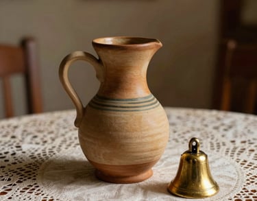 Photography of a traditional Brazilian ceramic pitcher next to a small golden bell on a lace tablecloth. South American / Brazilian home style, soft golden lighting.