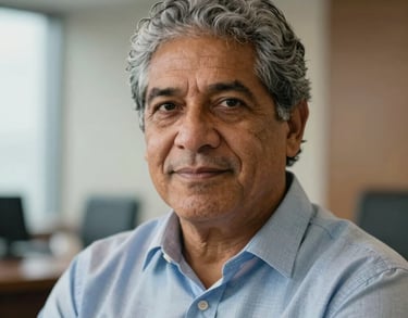 A portrait of a South American man with graying hair, looking confident and experienced, in a professional and discreet Brazilian office setting.