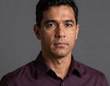 Headshot of a serious and professional Brazilian man in a dark purple shirt, looking at the camera with empathy and strength. South American context.