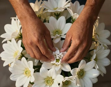 A top-down photograph of a hands of a Brazilian person carefully arranging white flowers on an altar. The lighting is golden and focused, reflecting a mood of hope.