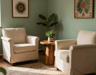 A detailed photography of a warm, sunlit consulting room in Brazil, featuring comfortable soft cream chairs, a wooden table with a small plant, and sage green accents on the walls, South American decor style.