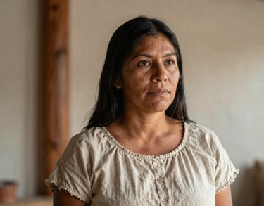 A serene headshot of a South American doula wearing a soft cotton dress, standing in a room with natural wood and linen textures, soft lighting.