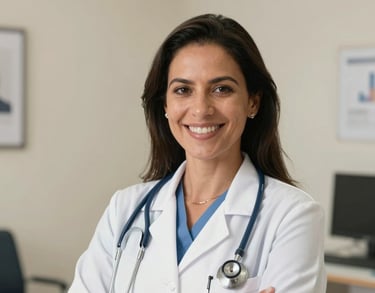 Professional headshot of a South American female doctor with a stethoscope around her neck, smiling warmly, cream-colored wall in a bright Brazilian medical office.