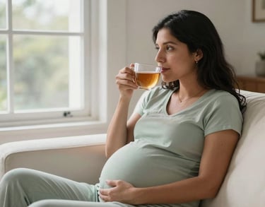 A serene photo of a pregnant South American woman sitting on a white couch, drinking a tea and looking out of a window with soft light, wearing a light sage green lounge set.