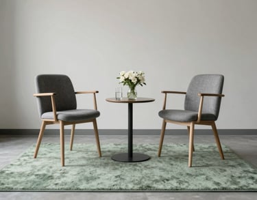 A photography of a clean, minimalist consultation area with two chairs facing each other, a soft sage green rug, and a small table with water and flowers.