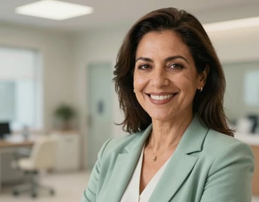 Professional headshot of a smiling South American woman in her 40s, wearing professional attire in soft sage green, blurred background of a modern well-lit clinic.