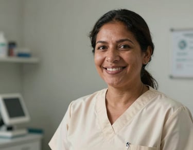 A professional headshot of a South American midwife with a warm smile, wearing a cream scrub top, standing in a professional clinic environment.