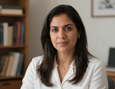 Professional headshot of a South American woman in her 30s, a perinatal psychologist, sitting in a cozy office with books and soft lighting.