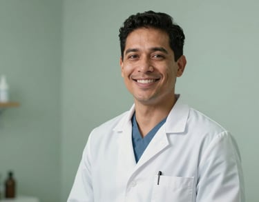 A professional headshot of a South American male physical therapist, smiling, wearing a clinical white coat, background of a soft sage green clinic wall.
