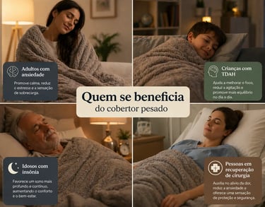 Four people using a plush weighted blanket for anxiety, ADHD, insomnia, and surgery recovery.