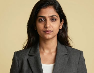 Professional studio portrait of a South Asian / Indian woman in business attire, looking confident and kind against a light yellow background.