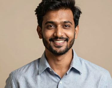 Professional studio portrait of a South Asian / Indian man with a friendly smile, wearing a modern shirt, set against a soft beige backdrop.