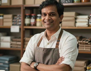 A successful South Asian / Indian small business owner in their shop, smiling, with warm natural lighting highlighting a sense of achievement.