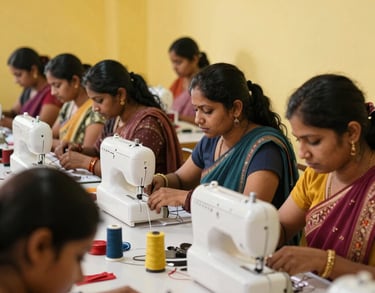 A group of South Asian / Indian women participating in a sewing and design workshop, bright light yellow walls, focus on empowerment and skill building.