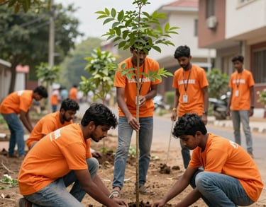 Youth volunteers planting trees in a clean urban South Asian / Indian neighborhood, emphasizing community development and bright orange branding.