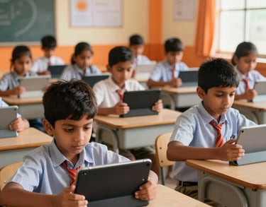Photography of a vibrant South Asian / Indian school classroom with children using modern tablets, warm orange accents in the room, symbolizing education support.