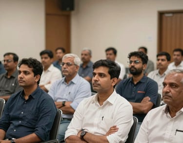 A financial awareness seminar in a modern hall with South Asian / Indian attendees listening intently, professional and inspiring atmosphere.