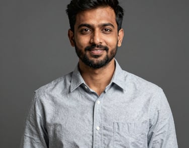 Professional studio portrait of a South Asian / Indian male community organizer, with a modern and clean aesthetic.