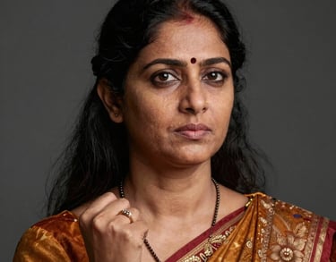 Professional studio portrait of a South Asian / Indian woman leader, looking determined and inspiring.