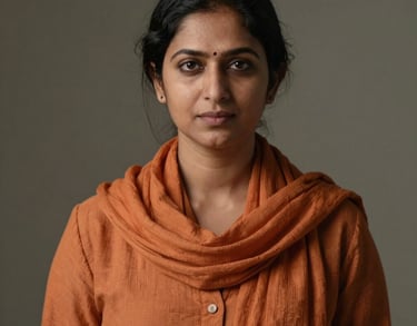 Professional studio portrait of a South Asian / Indian woman wearing a stylish orange scarf, conveying warmth and expertise.