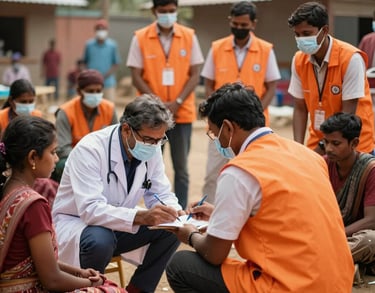 A community health camp in a rural South Asian / Indian setting, with doctors and volunteers in bright orange vests assisting families.