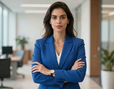 Portrait of a Brazilian female executive in a medium blue suit, standing confidently with arms crossed in a bright, modern corporate hallway, high contrast, professional photography.