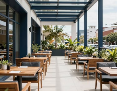 Spacious and bright outdoor terrace of a South American business center with modern wooden furniture and green plants, crisp white flooring, dark navy blue accents, urban view, daytime lighting.