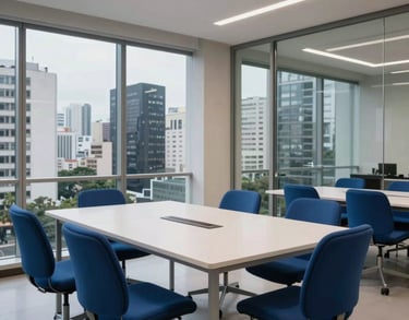 Minimalist corporate training room in São Paulo, featuring a sleek white table and medium blue chairs, large glass windows reflecting a city skyline, professional photography.
