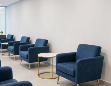 A modern lounge area for executives in a Brazilian corporate office, plush medium blue armchairs, gold metal side tables, crisp white walls, sophisticated and clean design.