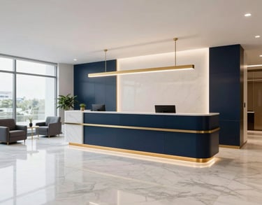 Wide shot of a modern, clean reception area in a Brazilian corporate building, featuring white marble floors and dark navy blue accents, gold lighting fixtures, professional and luxury feel.