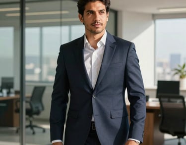 Professional portrait of a Brazilian executive man in a tailored dark navy blue suit, standing in a bright glass-walled office, modern professional style, warm South American sunlight.