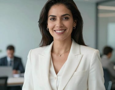 Professional portrait of a South American woman executive in a crisp white blazer, smiling confidently in a modern light blue office environment, blurred business background, professional lighting.