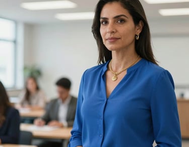 Professional portrait of a South American female consultant wearing gold jewelry and a medium blue blouse, standing in a clean and modern training facility, bright and airy composition.