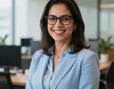 Portrait of a Brazilian executive woman with glasses, smiling warmly in a light blue office setting, professional attire, soft daylight, sharp focus on subject.