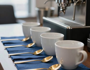 Close-up of a high-end Brazilian coffee service area in a modern corporate office, polished gold spoons, crisp white ceramic cups, medium blue napkins, natural light, professional photography.