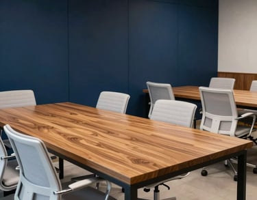 A collaborative workspace in a Brazilian office with a large wooden table, white ergonomic chairs, and dark navy blue wall panels, professional and clean aesthetic, cinematic lighting.