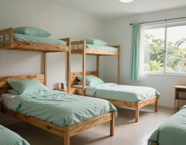 Photography of a modern and clean dormitory room in a South American Brazilian therapeutic community, featuring simple wooden furniture, soft Mint Green bedding, and large windows letting in natural morning light.
