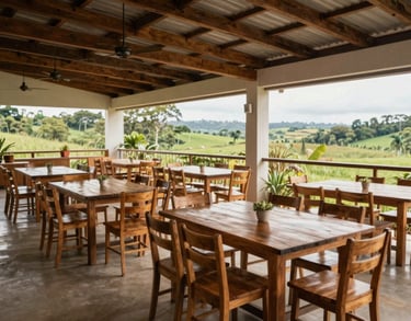 Photography of a spacious and airy communal dining area in a South American Brazilian facility, wooden tables, clean design, looking out onto a green landscape.