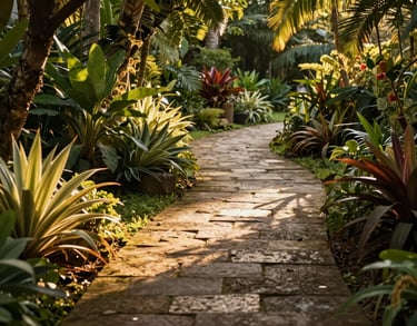 Photography of a peaceful garden pathway within the facility, South American Brazilian flora, stone path, warm golden hour lighting, conveying a sense of serenity and hope.