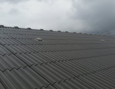 Holdbare grå tagplader i bølgeformet metal monteret på en erhvervsbygning under en overskyet himmel.