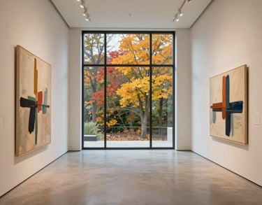 An inspiring image of a modern, minimal gallery space in the US. Large windows reveal North American autumn foliage. The interior is clean with ivory walls and taupe floors, exhibiting large abstract canvases.