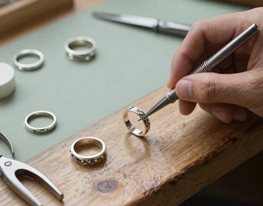 Close-up photography of a silver jewelry artist's workbench in a bright North American studio. Handcrafted rings and tools are laid out on a weathered wooden surface with sage green and taupe accents. Natural side lighting.