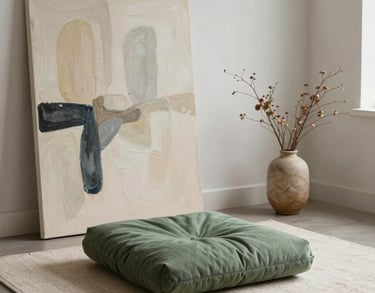 A peaceful photography of a meditation corner in a North American studio. A sage green cushion sits on an ivory rug next to a large abstract canvas and a small vase with dried branches.