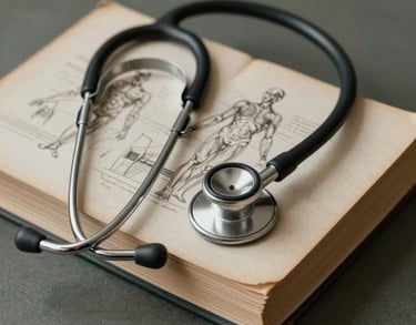 Still life photography of a vintage stethoscope resting on a stack of fine art books and anatomy sketches. The setting is a quiet study with taupe and charcoal green colors, reflecting a North American physician's heritage.