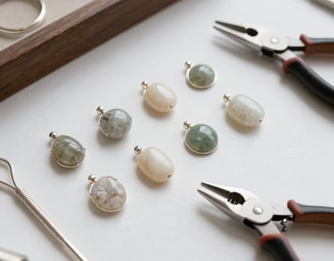 A high-angle photograph of a jewelry making station featuring silver wire, polished stones in ivory and sage, and pliers. The composition is clean and sophisticated, reflecting a professional North American artisan's space.