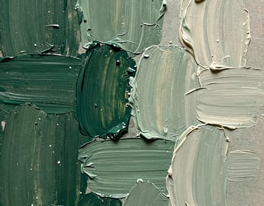 Macro shot of oil paint textures on a canvas, showing thick brushstrokes in deep green, sage, and ivory. The lighting is soft and artistic, capturing the depth and history of the fine arts process in a North American setting.