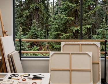 A wide shot of an artist's studio overlooking a North American evergreen forest. Canvases, jewelry tools, and a dance bar occupy the serene space, unified by a palette of ivory, sage, and deep green.