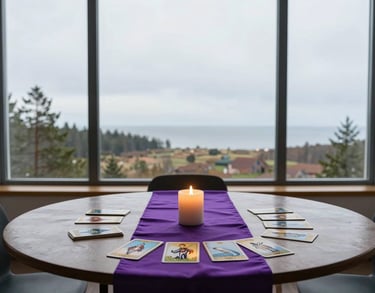 A professional photograph of a serene consultation room with a large window overlooking a Baltic landscape. Inside, there is a round table with a purple silk runner, a deck of oracle cards, and a single burning candle. Minimalist and mystical style.