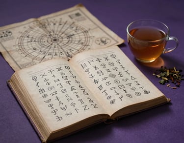 A mystical still life photograph featuring an open ancient book of symbols, an astrological map, and a cup of herbal tea. The color palette includes deep purple and charcoal. Soft, cinematic shadows create a sense of profound insight. Northern European aesthetic.